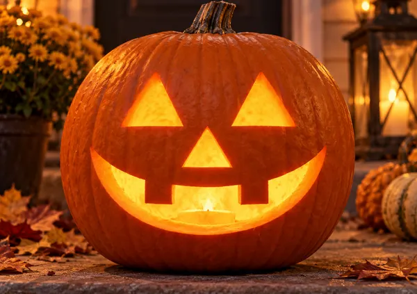 Carved pumpkin with the classic jack-o'-lantern pattern, lit up