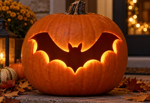 Carved pumpkin with the flying bat pattern, lit by a candle