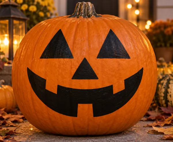 Pumpkin painted with the classic jack-o'-lantern face stencil