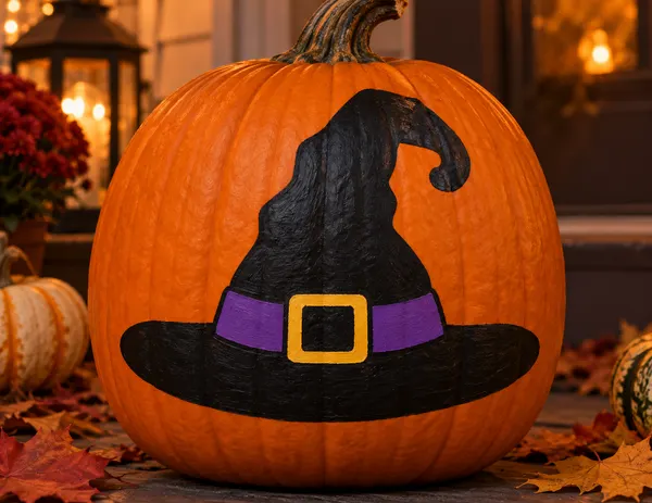 Pumpkin painted with the witch hat stencil